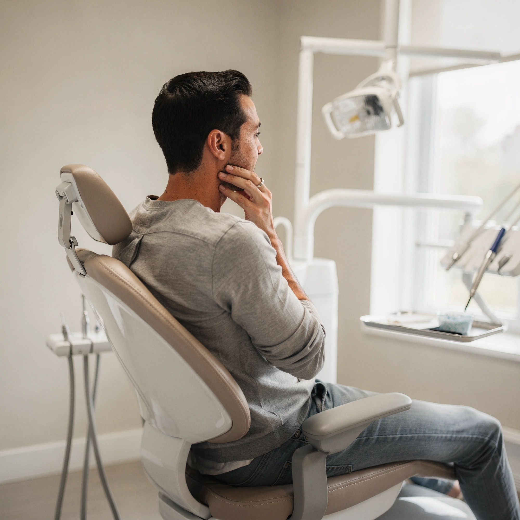 Man in dental chair holding his cheek, experiencing tooth pain in a modern dental office